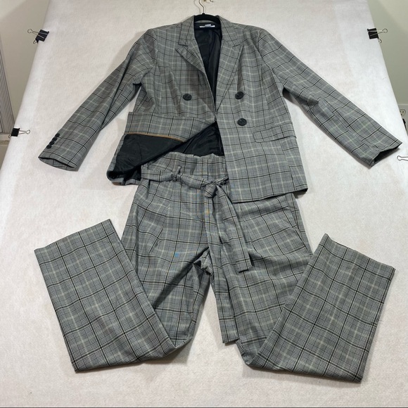 Liz Claiborne Pants - Glen Check Plaid Pant Suit Blazer Paper Bag Waist Pant Liz Claiborne Gray Black